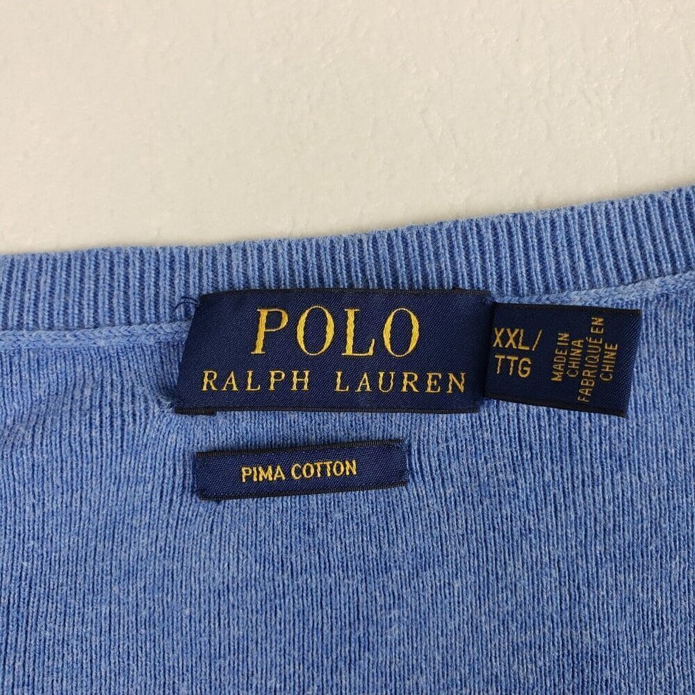Polo Ralph Lauren Pima Cotton Sweater Mens XXL Blue V Neck Pony Pullover - Picture 6 of 9